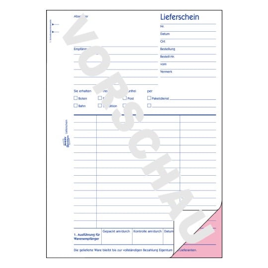 Formularabbildung: Avery Zweckform, Artikel: 726, Lieferscheine mit Empfangsschein, 148 x 210 mm, A5, 2 x 50 Blatt/Buch