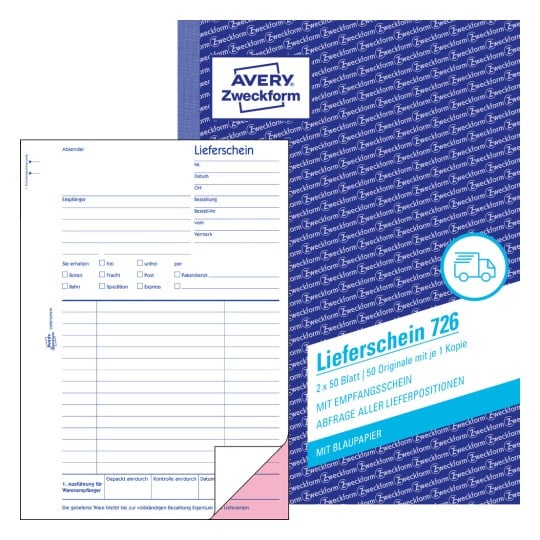 Produktabbildung mit Formularvorschau: Avery Zweckform, Artikel: 726, Lieferscheine mit Empfangsschein, 148 x 210 mm, A5, 2 x 50 Blatt/Buch