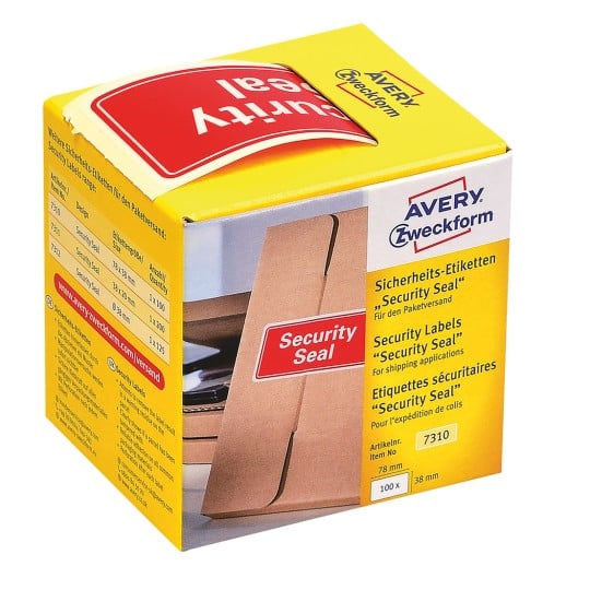 Packungsabbildung: Avery Zweckform Sicherheits-Etiketten, vorgedruckt, Artikel:  7310, Format: 78 x 38 mm, Inhalt: 1 Etiketten / 1 Rolle,  Etiketten/Rolle