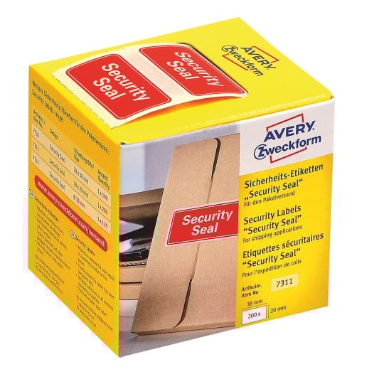 Packungsabbildung: Avery Zweckform Sicherheits-Etiketten, vorgedruckt, Artikel:  7311, Format: 38 x 20 mm, Inhalt: 200 Etiketten / 1 Rolle, 200 Etiketten/Rolle