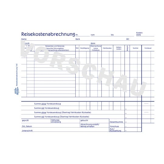 Formularabbildung: Avery Zweckform, Artikel: 740, Reisekostenabrechnung, 210 x 148 mm, A5 quer, 50 Blatt/Buch