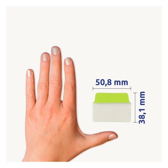 Größenvergleich mit Hand, Artikel: 74753, ein Bogen Haftstreifen, Format: 50,8 x 38,1 mm, Farbe: neongrün, neonorange, neonpink