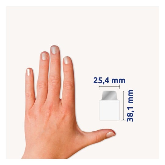 Größenvergleich mit Hand, Artikel: 74785, ein Bogen Haftstreifen, Format: 25,4 x 38,1 mm, Farbe: Gold, Rosé gold, Silber, Kupfer