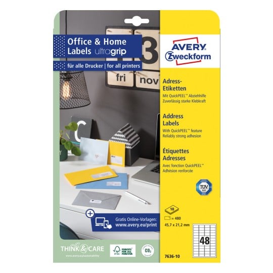 Packungsabbildung: Avery Zweckform Weiße Adress-Etiketten für Laserdrucker, Artikel:  7636-10, Format: 45,7 x 21,2 mm, Druckereignung: Inkjet,Laser s/w,Farblaser, Inhalt: 480 Etiketten / 10 Bögen, 48 Etiketten/Bogen