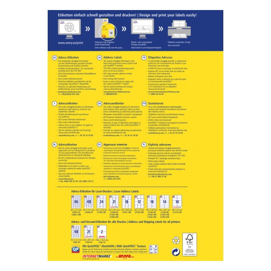 Das Bild zeigt ein Werbebanner für Avery Etikettendrucklösungen in mehreren Sprachen. Es hebt Merkmale wie einzigartige Drucktechnologie, starkes Etikettenmaterial und Tipps für optimalen Etikettendruck hervor. Verschiedene Designvorlagen und Größen für Adress- und Versandetiketten sind ebenfalls aufgeführt, zusammen mit den Kontaktdaten des Kundendienstes.