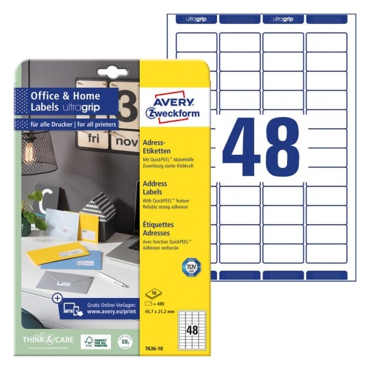 Packungsabbildung mit Etikettenbogen: Avery Zweckform Adress-Etiketten, Home Office, Kleinpackung, Artikel: 7636-10, Format: 45,7 x 21,2 mm, Druckereignung: Inkjet,Laser s/w,Farblaser, Inhalt: 480 Etiketten / 10 Bögen, 48 Etiketten/Bogen