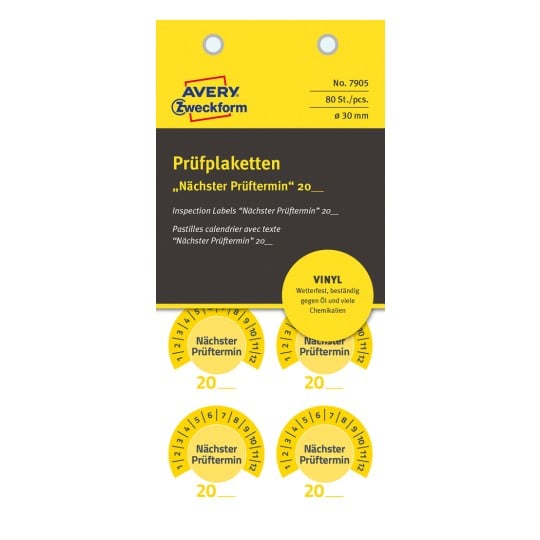 Packungsabbildung: Avery Zweckform Non A4 Prüfplaketten, Artikel:  7905, Format: ⌀ 30 mm, Inhalt: 80 Prüfplaketten / 10 Bögen, 8 Prüfplaketten/Bogen