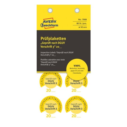 Packungsabbildung: Avery Zweckform Non A4 Prüfplaketten, Artikel:  7908, Format: ⌀ 30 mm, Inhalt: 80 Prüfplaketten / 10 Bögen, 8 Prüfplaketten/Bogen
