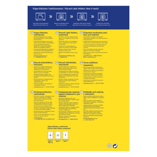 Das Bild ist ein Informationsposter über Plakathalter, das ihre Merkmale, Funktionen und Anwendungen in mehreren Sprachen, darunter Deutsch, Englisch, Französisch, Dänisch, Finnisch, Niederländisch, Russisch und Polnisch, beschreibt.