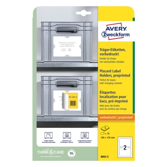 Packungsabbildung: Avery Zweckform Träger-Etiketten, Artikel:  8002-5, Format: 160 x 120 mm, Druckereignung: Vorgedruckt, Inhalt: 10 Etiketten / 5 Bögen, 2 Etiketten/Bogen