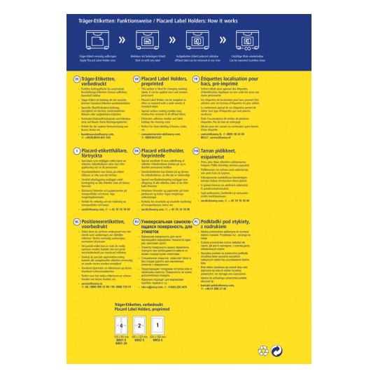 Das Bild enthält Informationen über Plakathalter, die ihre Funktionalität, Verwendung und Designspezifikationen in mehreren Sprachen beschreiben. Es enthält Beschreibungen von vorgedruckten Plakathaltern, deren Vorteile und Kontaktinformationen für den Kundenservice.