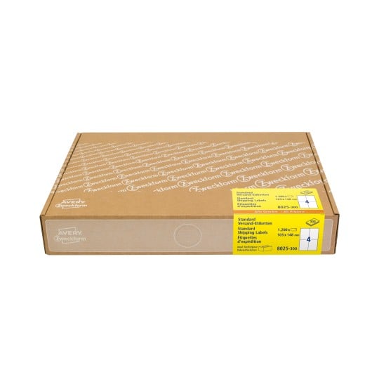 Packungsabbildung: Avery Zweckform Versand-Etiketten, Großpackung, Artikel:  8025-300, Format: 105 x 148 mm, Druckereignung: Inkjet,Laser s/w,Farblaser, Inhalt: 1.200 Etiketten / 300 Bögen, 4 Etiketten/Bogen