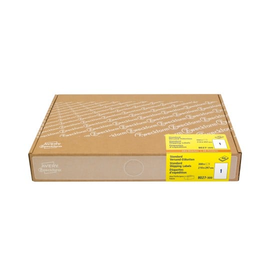 Packungsabbildung: Avery Zweckform Versand-Etiketten, Großpackung, Artikel:  8027-300, Format: 210 x 297 mm, Druckereignung: Inkjet,Laser s/w,Farblaser, Inhalt: 300 Etiketten / 300 Bögen, 1 Etiketten/Bogen