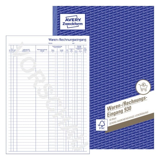 Produktabbildung mit Formularvorschau: Avery Zweckform, Artikel: 930, Waren-/Rechnungseingangsbuch, 210 x 297 mm, A4, 50 Blatt/Buch