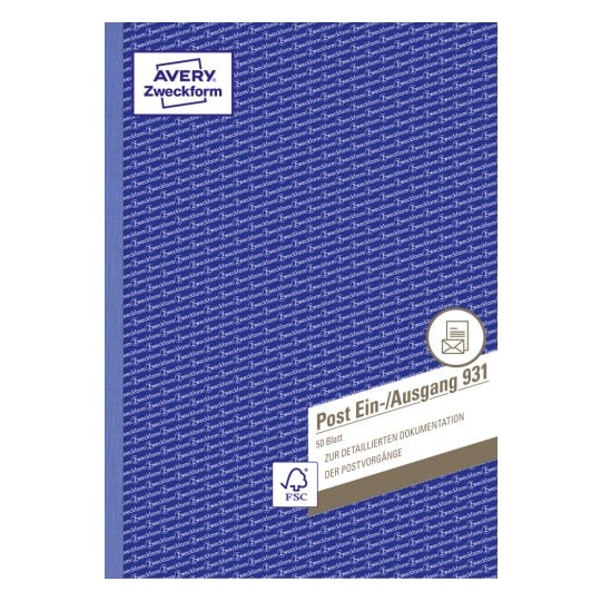 Produktabbildung: Avery Zweckform, Artikel: 931, Post-Ein-/Ausgangsbuch, 210 x 297 mm, A4, 50 Blatt/Buch