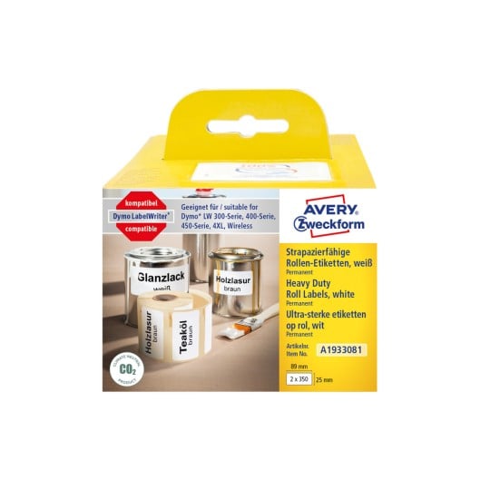 Packungsabbildung: Avery Zweckform , Artikel:  A1933081, Format: 25 x 89 mm, Druckereignung: Thermodirekt-Drucker,Dymo LabelWriter* 300-Serie, 400-Serie, 450-Serie, 4XL, Wireless, Inhalt: 700 Etiketten / 2 Rollen, 350 Etiketten/Rolle