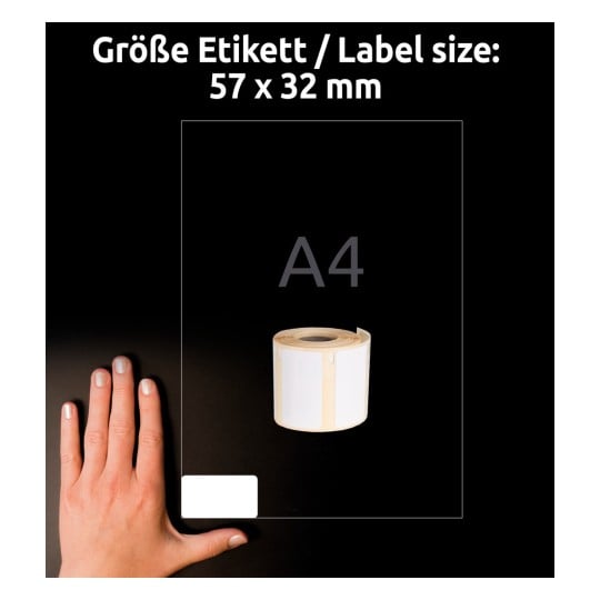 Größenvergleich mit Hand, Artikel: A1933084, ein Bogen Rollen-Etiketten, Format: 32 x 57 mm, Farbe: Weiß