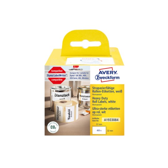 Packungsabbildung: Avery Zweckform , Artikel:  A1933084, Format: 32 x 57 mm, Druckereignung: Thermodirekt-Drucker,Dymo LabelWriter* 300-Serie, 400-Serie, 450-Serie, 4XL, Wireless, Inhalt: 400 Etiketten / 1 Rolle, 400 Etiketten/Rolle