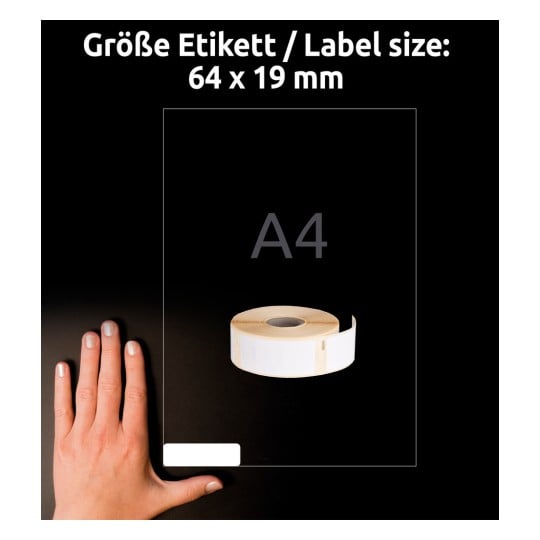 Größenvergleich mit Hand, Artikel: A1933085, ein Bogen Rollen-Etiketten, Format: 19 x 64 mm, Farbe: Weiß