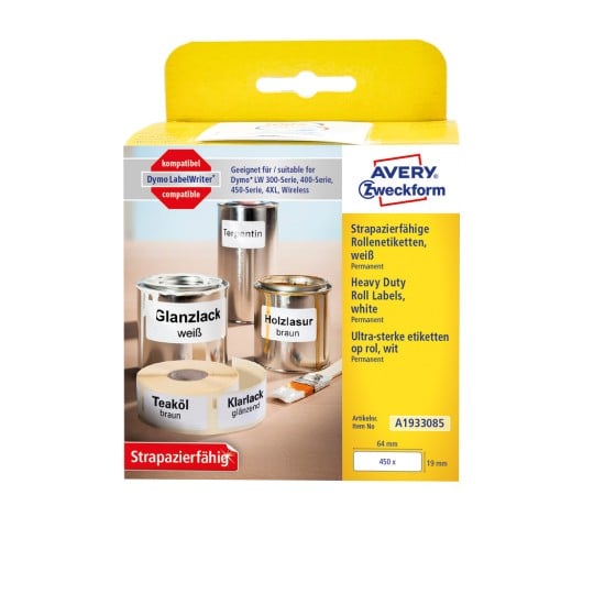 Packungsabbildung: Avery Zweckform , Artikel:  A1933085, Format: 19 x 64 mm, Druckereignung: Thermodirekt-Drucker,Dymo LabelWriter* 300-Serie, 400-Serie, 450-Serie, 4XL, Wireless, Inhalt: 450 Etiketten / 1 Rolle, 450 Etiketten/Rolle
