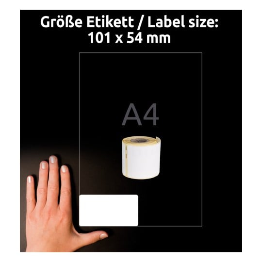 Größenvergleich mit Hand, Artikel: A1933086, ein Bogen Rollen-Etiketten, Format: 104 x 159 mm, Farbe: Weiß