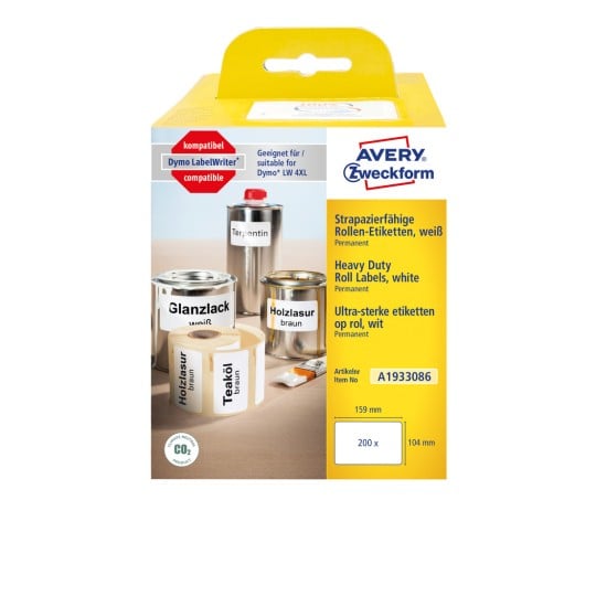 Packungsabbildung: Avery Zweckform , Artikel:  A1933086, Format: 104 x 159 mm, Druckereignung: Thermodirekt-Drucker,Dymo LabelWriter* 4XL, Inhalt: 200 Etiketten / 1 Rolle, 200 Etiketten/Rolle