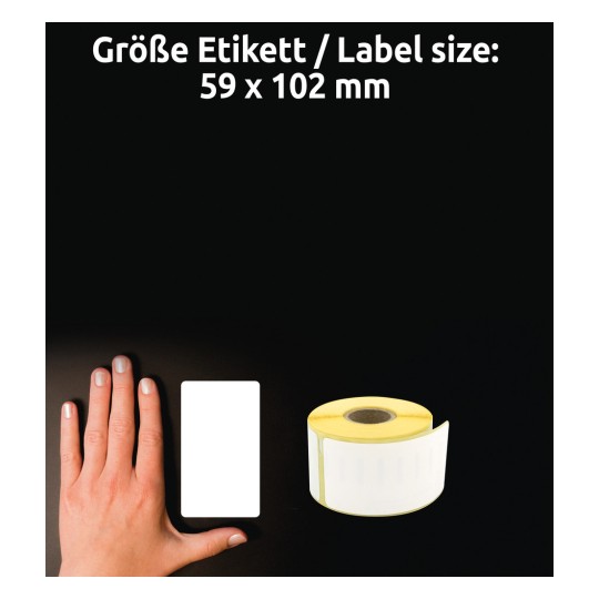 Größenvergleich mit Hand, Artikel: A1933088, ein Bogen Rollen-Etiketten, Format: 59 x 102 mm, Farbe: Weiß