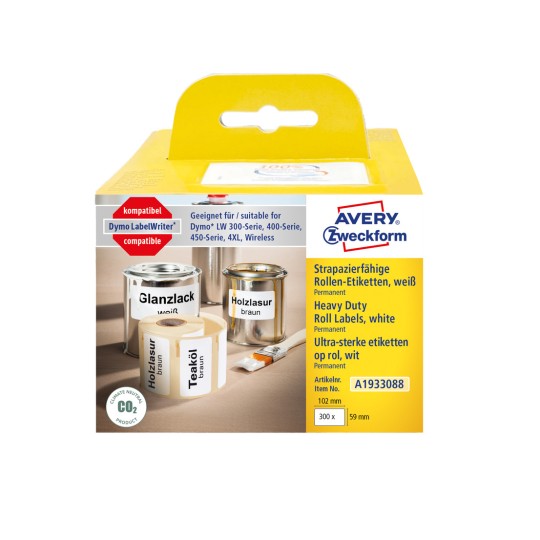 Packungsabbildung: Avery Zweckform , Artikel:  A1933088, Format: 59 x 102 mm, Druckereignung: Thermodirekt-Drucker,Dymo LabelWriter* 300-Serie, 400-Serie, 450-Serie, 4XL, Wireless, Inhalt: 300 Etiketten / 1 Rolle, 300 Etiketten/Rolle