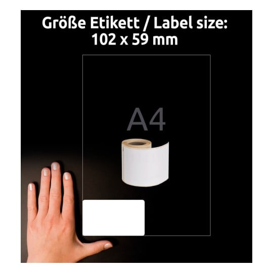 Größenvergleich mit Hand, Artikel: A1976414, ein Bogen Rollen-Etiketten, Format: 59 x 102 mm, Farbe: Weiß