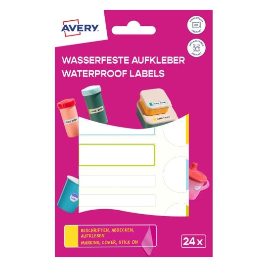 Das Bild zeigt die Verpackung für wasserfeste Etiketten von Avery. Es zeigt bunte Behälter und Etiketten mit Namen, die ihren Einsatz zum Markieren und Abdecken von Gegenständen betonen.