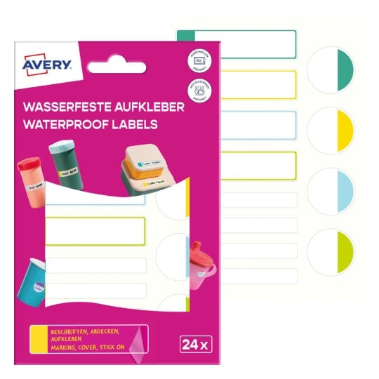 Das Bild zeigt eine Packung wasserdichter Etiketten von Avery. Die Verpackung ist in leuchtendem Pink gehalten und zeigt Etiketten in verschiedenen Farben, darunter grüne, gelbe und blaue Optionen, sowie einige beschriftete Behälter.