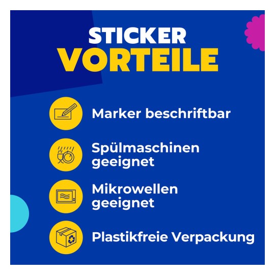 Das Bild zeigt eine Verpackung für Avery wasserdichte Etiketten und hebt Eigenschaften wie die Benutzerfreundlichkeit der Etiketten, die Eignung für die Mikrowelle und die umweltfreundliche Verpackung hervor.