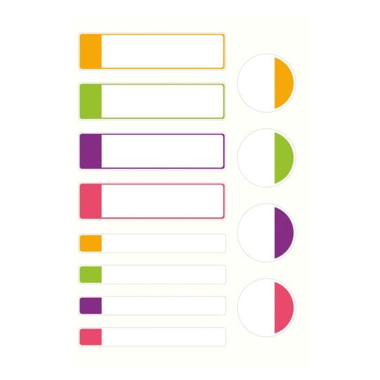 Das Bild zeigt ein Layout mit farbigen Balken und kreisförmigen Indikatoren, die Daten oder Fortschritt in Orange, Grün, Lila und Pink darstellen.