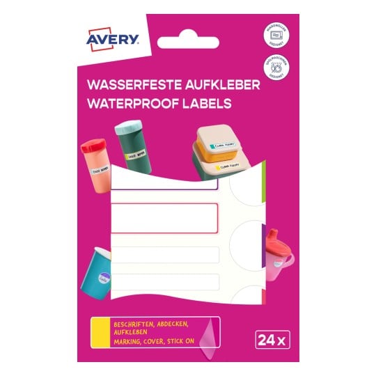 Bild zeigt Avery-Verpackung für wasserfeste Etiketten, die bunte Etiketten und Behälter enthält. Die Etiketten sind zum Kennzeichnen und Aufkleben auf verschiedenen Gegenständen entworfen.