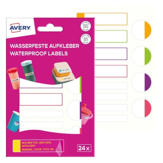Das Bild zeigt ein Paket wasserdichter Etiketten von Avery, auf dem verschiedene farbige Etiketten und Gebrauchsanweisungen zu sehen sind.