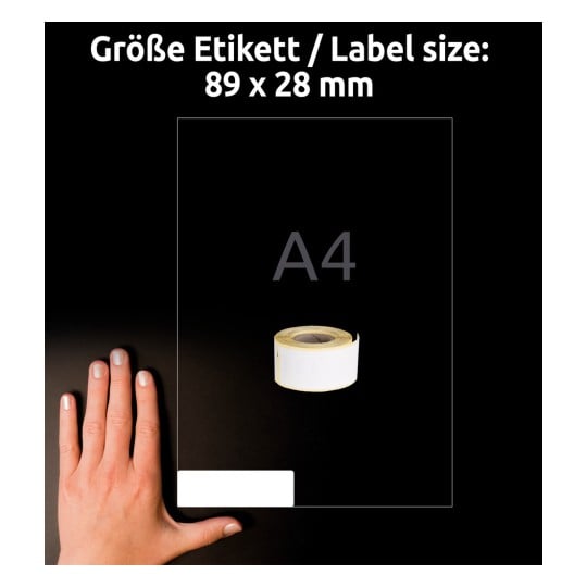Größenvergleich mit Hand, Artikel: AS0722370, ein Bogen Rollen-Etiketten, Format: 28 x 89 mm, Farbe: Weiß