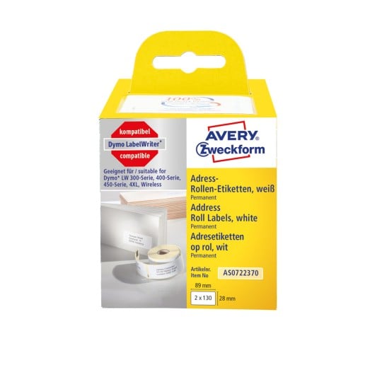 Packungsabbildung: Avery Zweckform , Artikel:  AS0722370, Format: 28 x 89 mm, Druckereignung: Thermodirekt-Drucker,Dymo LabelWriter* 300-Serie, 400-Serie, 450-Serie, 4XL, Wireless, Inhalt: 260 Etiketten / 2 Rollen, 130 Etiketten/Rolle