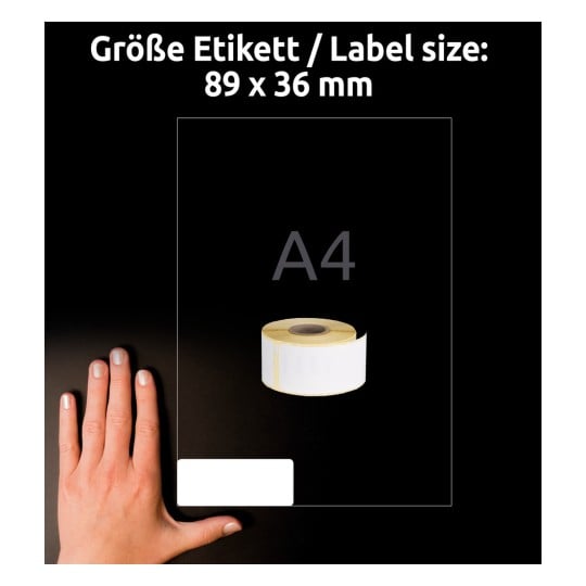 Größenvergleich mit Hand, Artikel: AS0722390, ein Bogen Rollen-Etiketten, Format: 36 x 89 mm, Farbe: Weiß