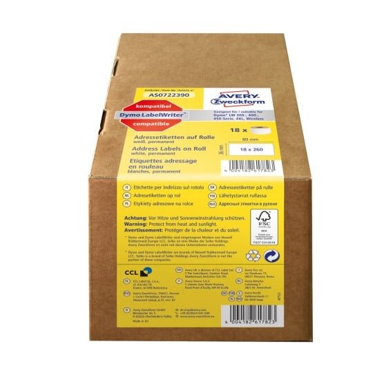 Packungsabbildung: Avery Zweckform , Artikel:  AS0722390, Format: 36 x 89 mm, Druckereignung: Thermodirekt-Drucker,Dymo LabelWriter* 300-Serie, 400-Serie, 450-Serie, 4XL, Wireless, Inhalt: 4.680 Etiketten / 18 Rollen, 260 Etiketten/Rolle