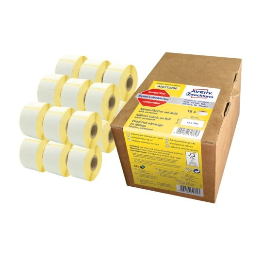 Packungsabbildung mit Etikettenrolle: Avery Zweckform Rollen-Etiketten, Artikel: AS0722390, Format: 36 x 89 mm, Druckereignung: Thermodirekt-Drucker,Dymo LabelWriter* 300-Serie, 400-Serie, 450-Serie, 4XL, Wireless, Inhalt: 4.680 Etiketten / 18 Rollen, 260 Etiketten/Rolle