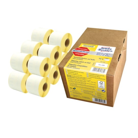 Packungsabbildung mit Etikettenrolle: Avery Zweckform Rollen-Etiketten, Artikel: AS0722420, Format: 54 x 101 mm, Druckereignung: Thermodirekt-Drucker,Dymo LabelWriter* 300-Serie, 400-Serie, 450-Serie, 4XL, Wireless, Inhalt: 2.640 Etiketten / 12 Rollen, 220 Etiketten/Rolle