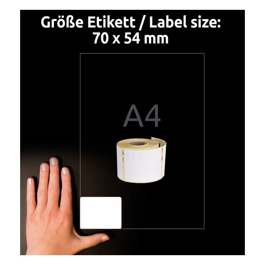 Größenvergleich mit Hand, Artikel: AS0722440, ein Bogen Rollen-Etiketten, Format: 54 x 70 mm, Farbe: Weiß