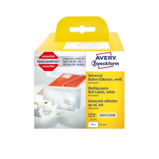 Packungsabbildung: Avery Zweckform , Artikel:  AS0722440, Format: 54 x 70 mm, Druckereignung: Thermodirekt-Drucker,Dymo LabelWriter* 300-Serie, 400-Serie, 450-Serie, 4XL, Wireless, Inhalt: 320 Etiketten / 1 Rolle, 320 Etiketten/Rolle