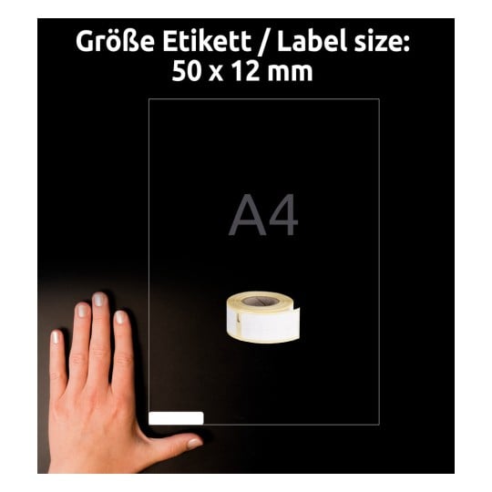 Größenvergleich mit Hand, Artikel: AS0722460, ein Bogen Rollen-Etiketten, Format: 12 x 50 mm, Farbe: Weiß