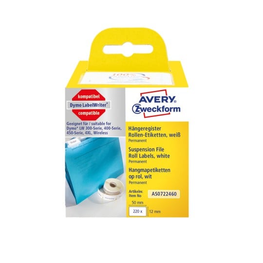 Packungsabbildung: Avery Zweckform , Artikel:  AS0722460, Format: 12 x 50 mm, Druckereignung: Thermodirekt-Drucker,Dymo LabelWriter* 300-Serie, 400-Serie, 450-Serie, 4XL, Wireless, Inhalt: 220 Etiketten / 1 Rolle, 220 Etiketten/Rolle