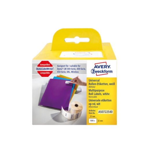 Packungsabbildung: Avery Zweckform , Artikel:  AS0722540, Format: 32 x 57 mm, Druckereignung: Thermodirekt-Drucker,Dymo LabelWriter* 300-Serie, 400-Serie, 450-Serie, 4XL, Wireless, Inhalt: 1.000 Etiketten / 1 Rolle, 1.000 Etiketten/Rolle