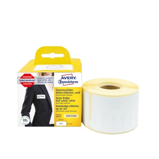 Packungsabbildung mit Etikettenrolle: Avery Zweckform Rollen-Etiketten, Artikel:  AS0722560, Format: 41 x 89 mm, Druckereignung: Thermodirekt-Drucker,Dymo LabelWriter* 300-Serie, 400-Serie, 450-Serie, 4XL, Wireless, Inhalt: 200 Etiketten / 1 Rolle, 200 Etiketten/Rolle