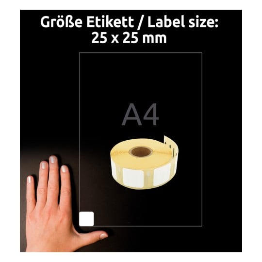 Größenvergleich mit Hand, Artikel: AS0929120, ein Bogen Rollen-Etiketten, Format: 25 x 25 mm, Farbe: Weiß