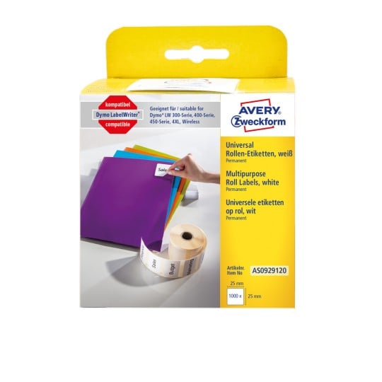 Packungsabbildung: Avery Zweckform , Artikel:  AS0929120, Format: 25 x 25 mm, Druckereignung: Thermodirekt-Drucker,Dymo LabelWriter* 300-Serie, 400-Serie, 450-Serie, 4XL, Wireless, Inhalt: 1.000 Etiketten / 1 Rolle, 1.000 Etiketten/Rolle