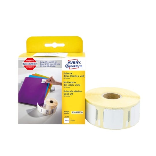 Packungsabbildung mit Etikettenrolle: Avery Zweckform Rollen-Etiketten, Artikel: AS0929120, Format: 25 x 25 mm, Druckereignung: Thermodirekt-Drucker,Dymo LabelWriter* 300-Serie, 400-Serie, 450-Serie, 4XL, Wireless, Inhalt: 1.000 Etiketten / 1 Rolle, 1.000 Etiketten/Rolle